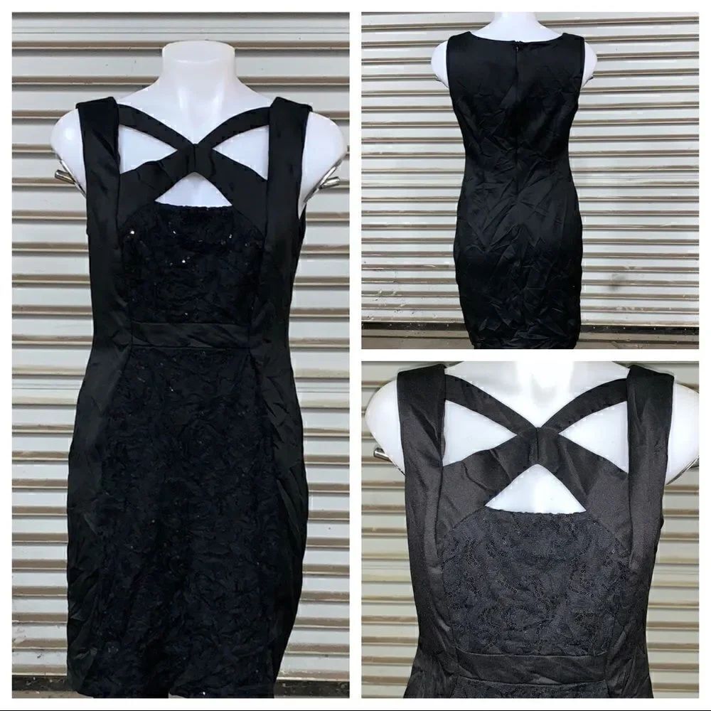Connected dress evening sheath black career lace sequins cocktail 10 petit